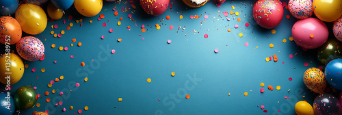 Colorful happy birthday background with balloons, confetti, and cake, designed for social media posts and banners. Concept of celebration, festivity, and joyful moments.


