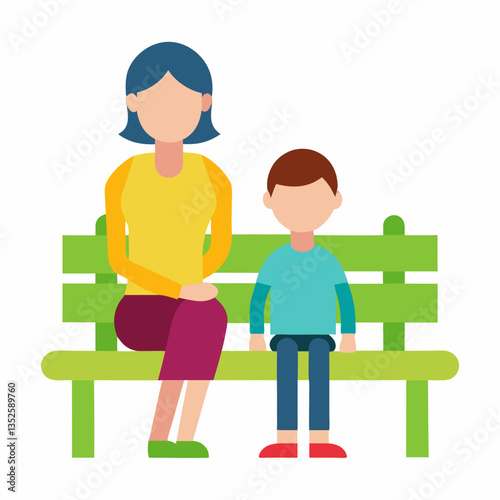 Mother and Child Serenity: A heartwarming scene of a mother and her child seated together on a park bench, enjoying a peaceful moment of togetherness and affection.