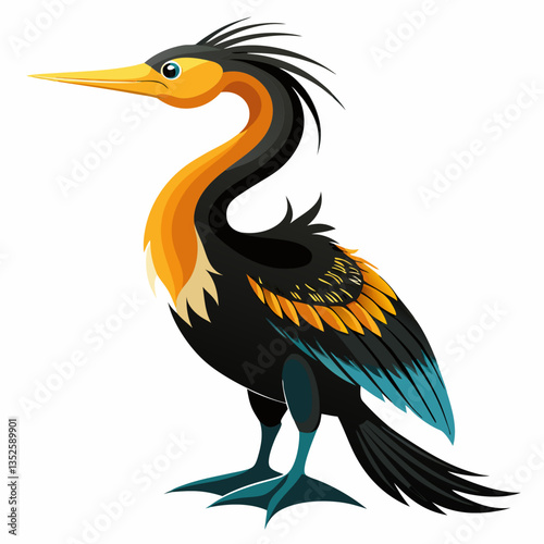 Elegant Water Bird Portrait: A detailed illustration of an elegant water bird, showcasing a sleek black body contrasted by vibrant yellow and orange plumage and beak.