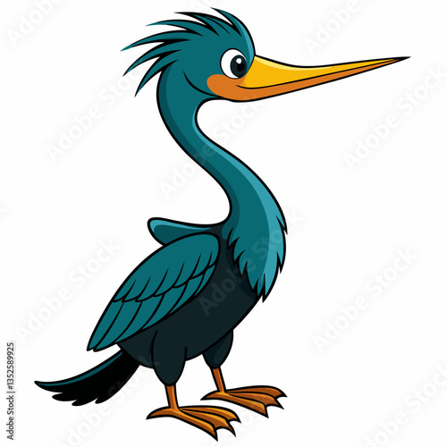 Cartoon Anhinga Bird: A cheerful cartoon anhinga bird with teal feathers and a long, slender neck, stands on a white background. 