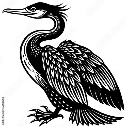 Cormorant: A majestic cormorant, exquisitely rendered, stands in profile against a bright, inviting backdrop, showcasing the beauty of nature's artwork.