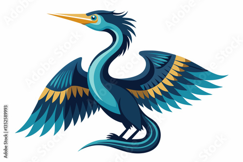 Stylized Anhinga Bird: An artistic depiction of an anhinga bird, showcasing vibrant teal and gold hues, with its wings outstretched in an elegant pose.