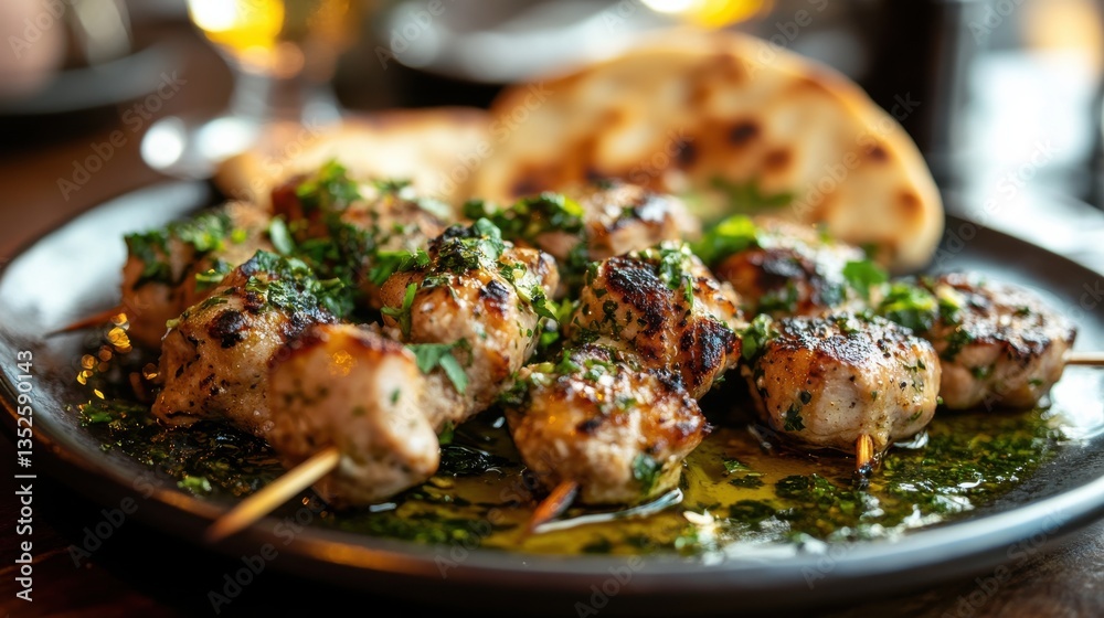 Grilled Meat Skewers Served with Fresh Herbs and Flatbread Grilled Meat Skewers Served with Fresh Herbs and Flatbread