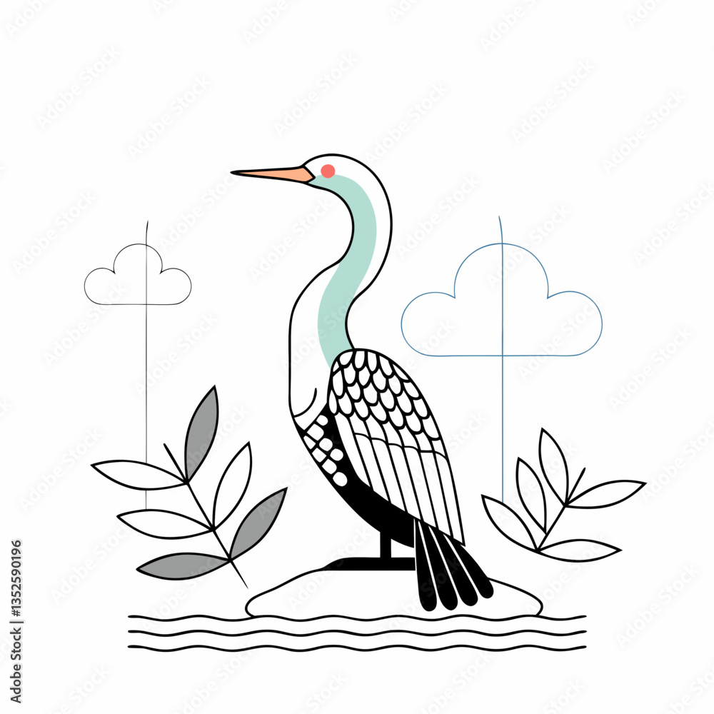 Fototapeta premium Serpentine Cormorant: A serene illustration of a cormorant with elegant lines, perched gracefully amidst stylized foliage and clouds, representing a bird in nature.