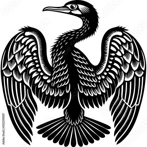 Elegant Cormorant Silhouette: A monochrome depiction of a graceful cormorant spreads its wings, showcasing intricate feather detail in this striking, graphic representation of avian beauty.