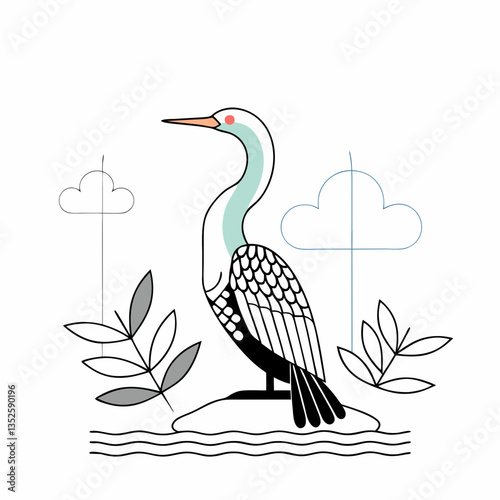 Serpentine Cormorant: A serene illustration of a cormorant with elegant lines, perched gracefully amidst stylized foliage and clouds, representing a bird in nature.