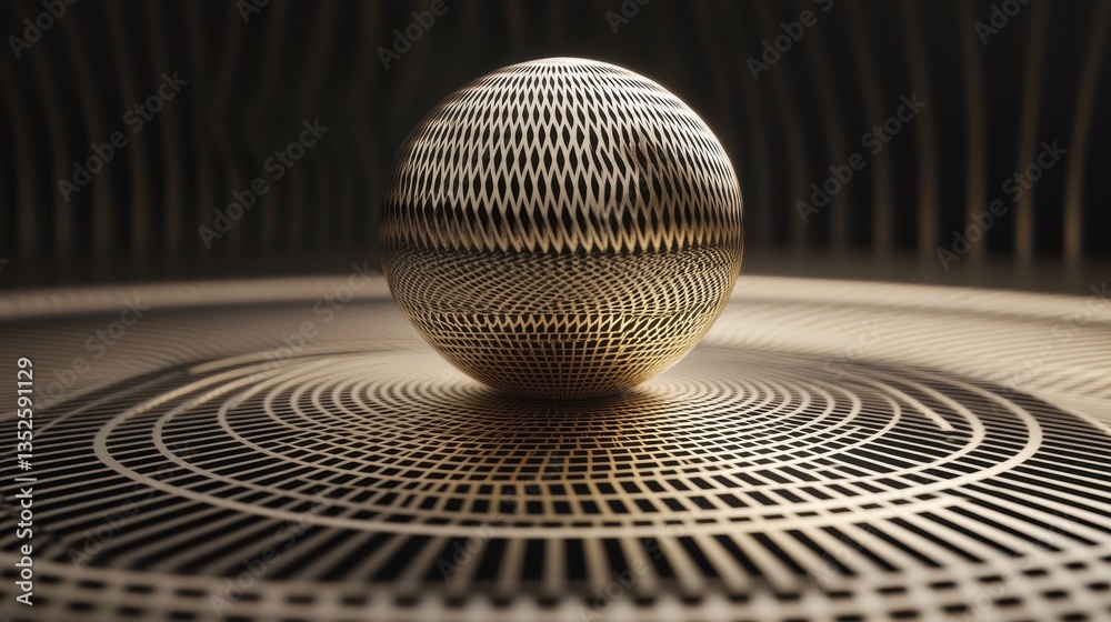 Fototapeta premium A golden sphere rests upon a patterned surface with shadows