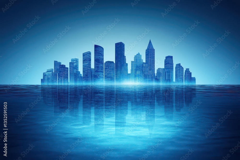 Fototapeta premium Futuristic cityscape reflecting in a body of tranquil water