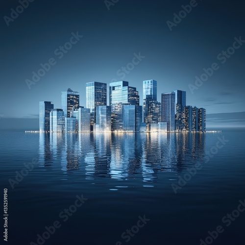 A modern city skyline reflected in tranquil water at night