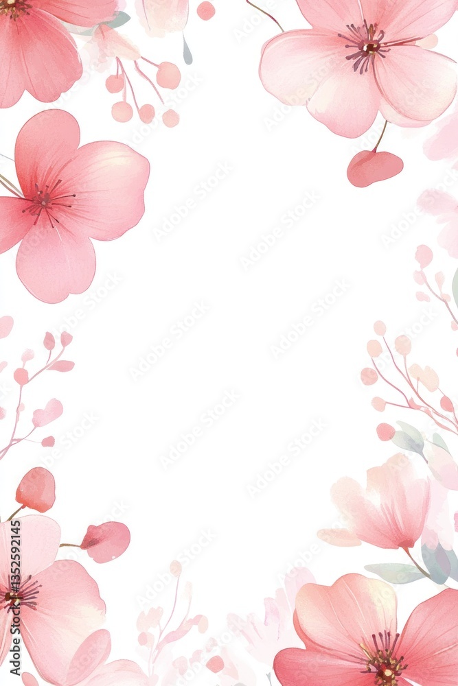 Delicate pink flowers arranged around a blank white background space Delicate pink flowers arranged around a blank white background space