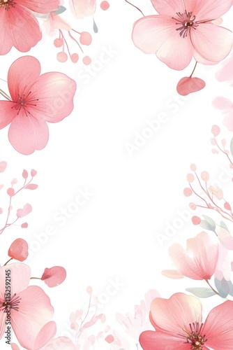 Delicate pink flowers arranged around a blank white background space