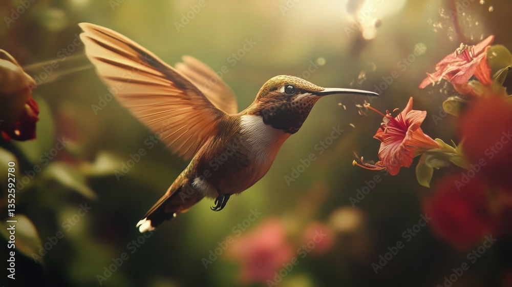 Naklejka premium A hummingbird gracefully approaching flowers in a vibrant garden setting