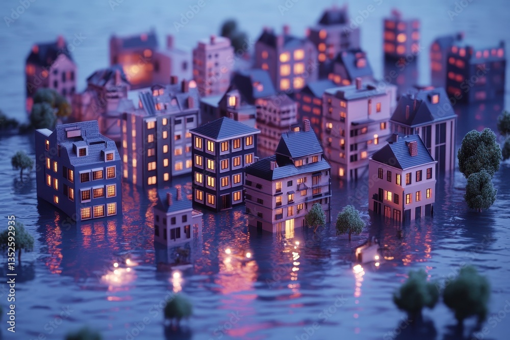 Fototapeta premium Miniature city buildings sit partially submerged in reflecting water