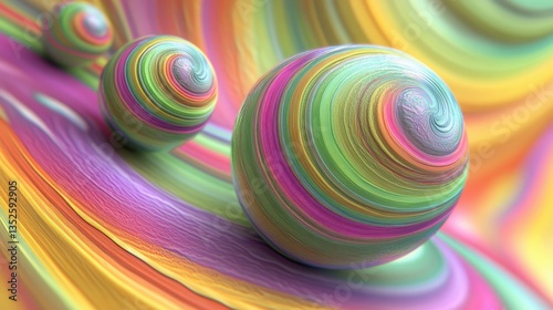 Three colorful spheres rest on vibrant flowing wave patterns
