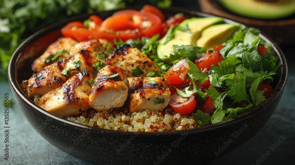 Grilled Chicken Quinoa Bowl with Avocado Tomatoes and Cilantro Healthy Delicious Meal Grilled Chicken Quinoa Bowl with Avocado Tomatoes and Cilantro Healthy Delicious Meal