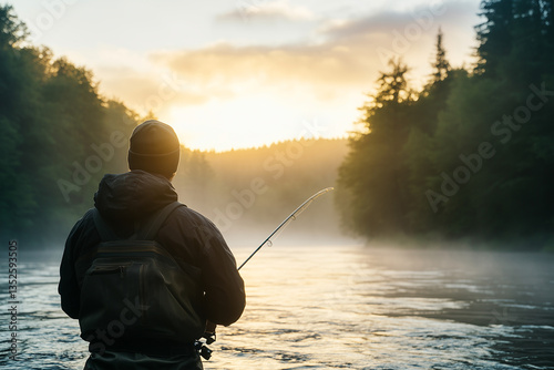 Photo of a man fishing in a river.
Back view.