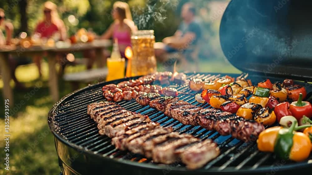 Backyard BBQ, Friends, Cooking Meat, Vegetables. Outdoor, Family Gathering