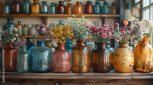 Bright and Cheerful Display of Colorful Flowers in Glass Bottles, Bathed in Soft Natural Light, Creating a Warm and Inviting Ambience for Any Space