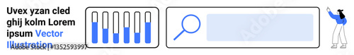 Free Download Progress bars with increasing levels of completion, magnifying glass over a search bar, person gesturing dynamically. Ideal for data visualization, workflow, analytics, research, online tools - GFXLoad