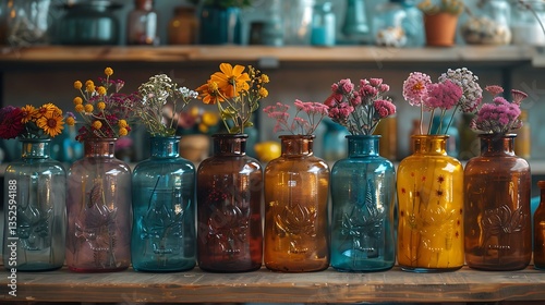 Bright and Cheerful Display of Colorful Flowers in Glass Bottles, Bathed in Soft Natural Light, Creating a Warm and Inviting Ambience for Any Space