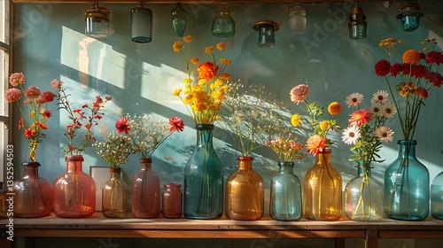 Bright and Cheerful Display of Colorful Flowers in Glass Bottles, Bathed in Soft Natural Light, Creating a Warm and Inviting Ambience for Any Space