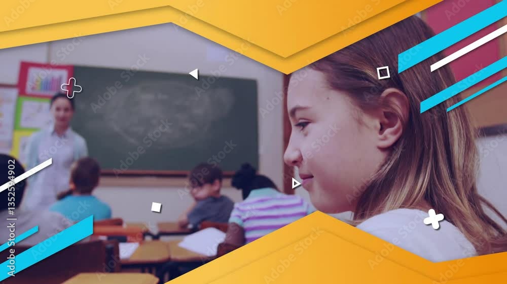 In school, child listening to teacher with animation of geometric shapes overlay