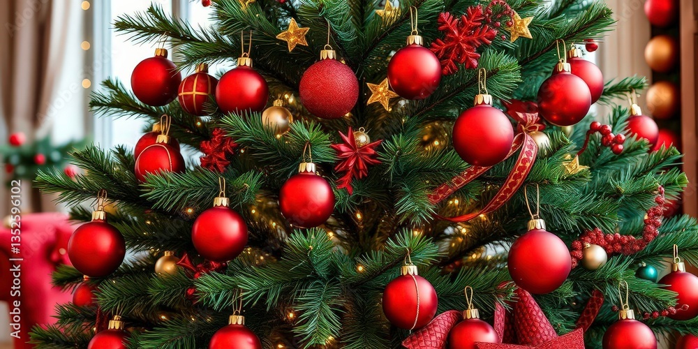 A classic Christmas tree adorned with vibrant red ornaments, sparkle, fir A classic Christmas tree adorned with vibrant red ornaments, sparkle, fir