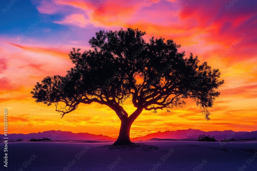 A lone tree silhouetted against a vibrant, fiery sunset over a desert landscape. A lone tree silhouetted against a vibrant, fiery sunset over a desert landscape.
