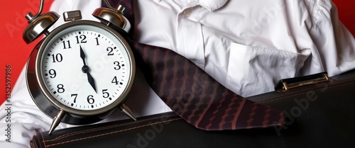 Alarm clock snoozed, tie askew on rumpled shirt, briefcase untouched, exhausted, reluctant