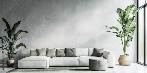 a white sofa and plants in a living room 