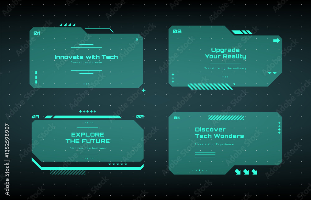 Modern technology label. Text boxes set in abstract tech style. Modern logo in cyberpunk style. Technology hi-tech design. Vector illustration.	