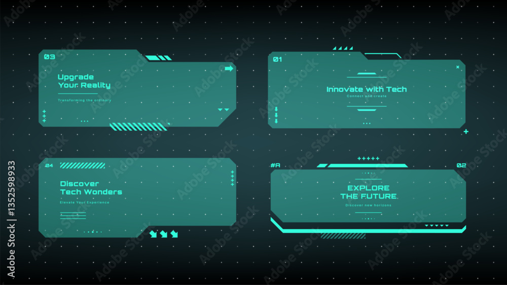 Modern technology label. Text boxes set in abstract tech style. Modern logo in cyberpunk style. Technology hi-tech design. Vector illustration.	