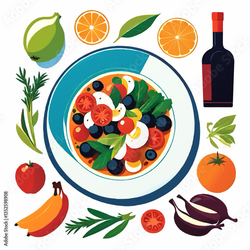 greek salad on  a plate and fruits cartoon vector illustration