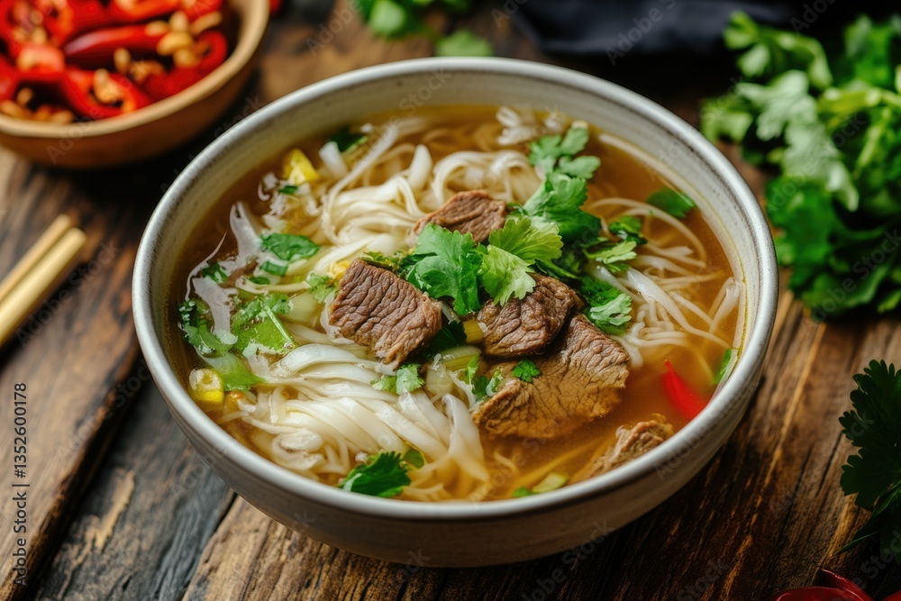 Delicious Pho Bo: Traditional Vietnamese Beef Noodle Soup Served in a Bowl Against a Rustic Wooden Backdrop Delicious Pho Bo: Traditional Vietnamese Beef Noodle Soup Served in a Bowl Against a Rustic Wooden Backdrop