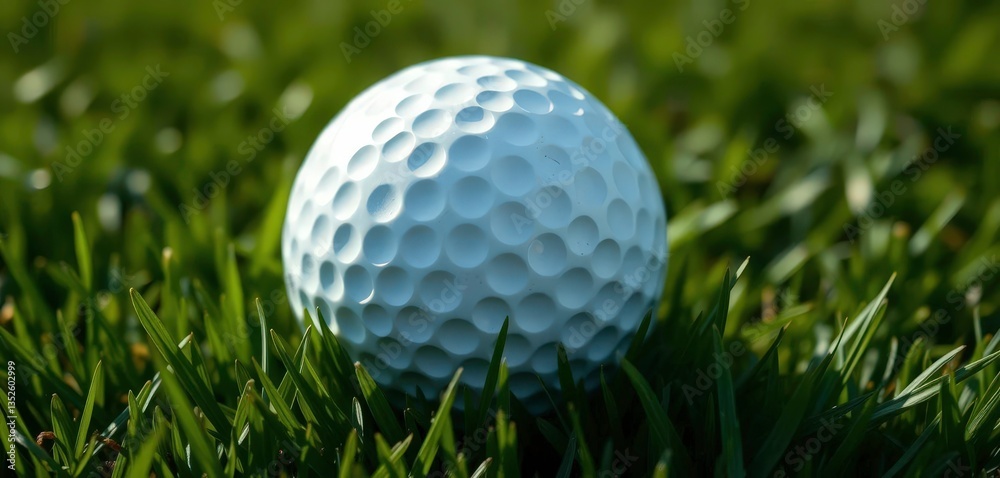 Close-up of a dimpled golf ball resting on lush green grass, surface, outdoor Close-up of a dimpled golf ball resting on lush green grass, surface, outdoor