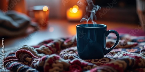 Wallpaper Mural Blue mug steaming on a cozy rug, warm light glows nearby, mug, image Torontodigital.ca