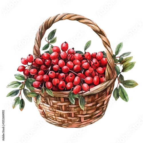 A watercolor vector painting of a barberry basket, isolated on a white background. Barberry basket vector.


