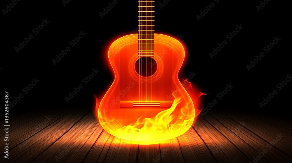 Naklejka premium Guitar on fire, Music passion, Burning talent display