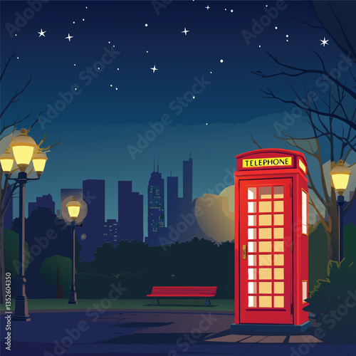 A Nighttime Scene with a Glowing Red Telephone Box