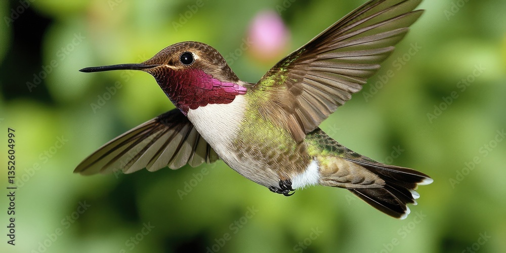 Naklejka premium Male Anna's Hummingbird in Mid-Flight, Sipping Nectar from Vibrant Flower in Santa Cruz, California