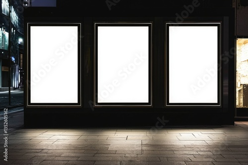 Minimalistic Display of Three Movie Poster Frames on a White Backdrop with Abstract Design Elements