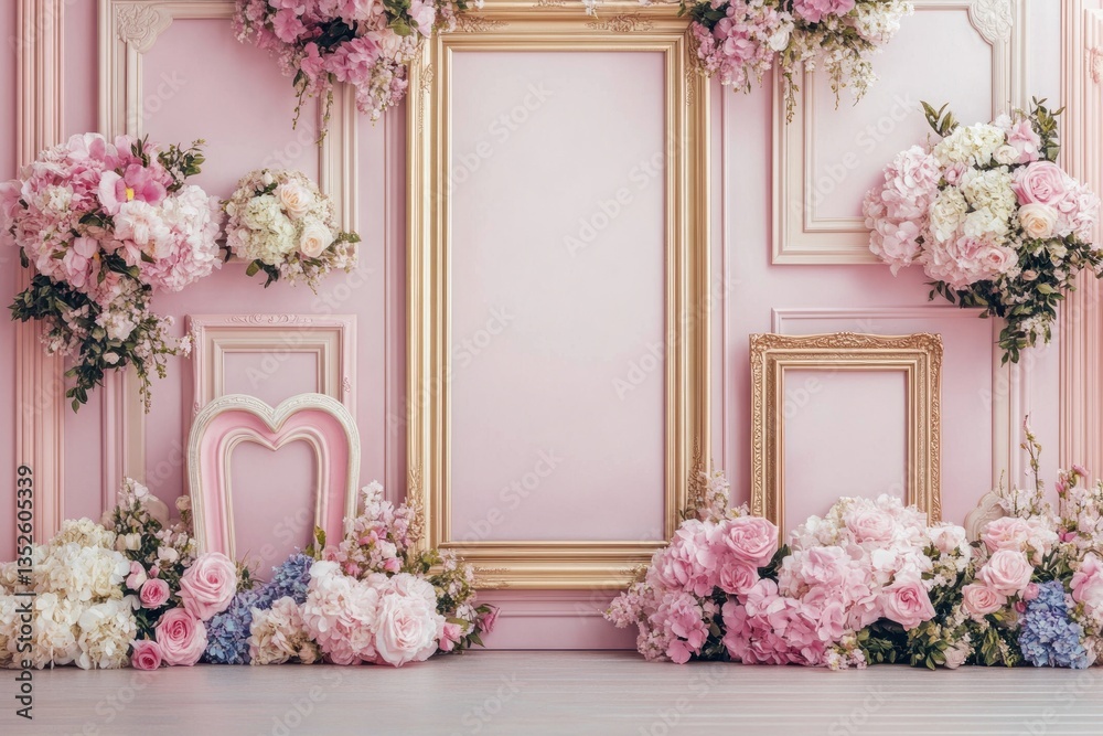 Fototapeta premium A Decorative Pink Wall Display with Flowers and Decorative Frames