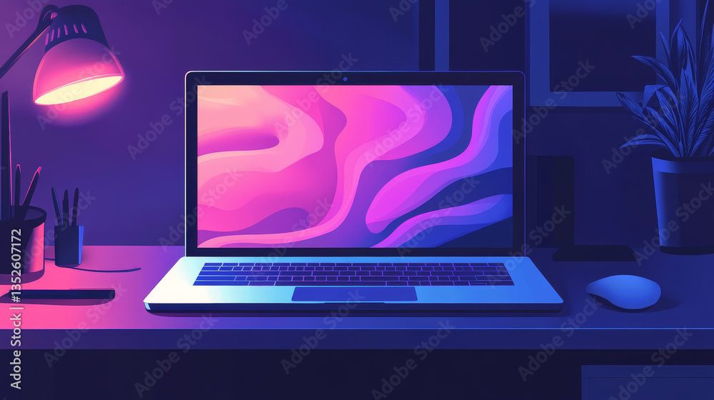 Laptop on desk with abstract liquid flow fluid background on screen. Multimedia gaming laptop vector front view. Vector template laptop mockup. Electronic device advertisement. Screen computer matrix. Laptop on desk with abstract liquid flow fluid background on screen. Multimedia gaming laptop vector front view. Vector template laptop mockup. Electronic device advertisement. Screen computer matrix.