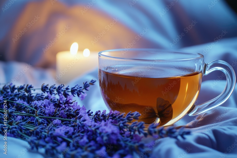 Fototapeta premium Tranquil Herbal Tea and Lavender for Restful Nights: Bedtime Relaxation Concept