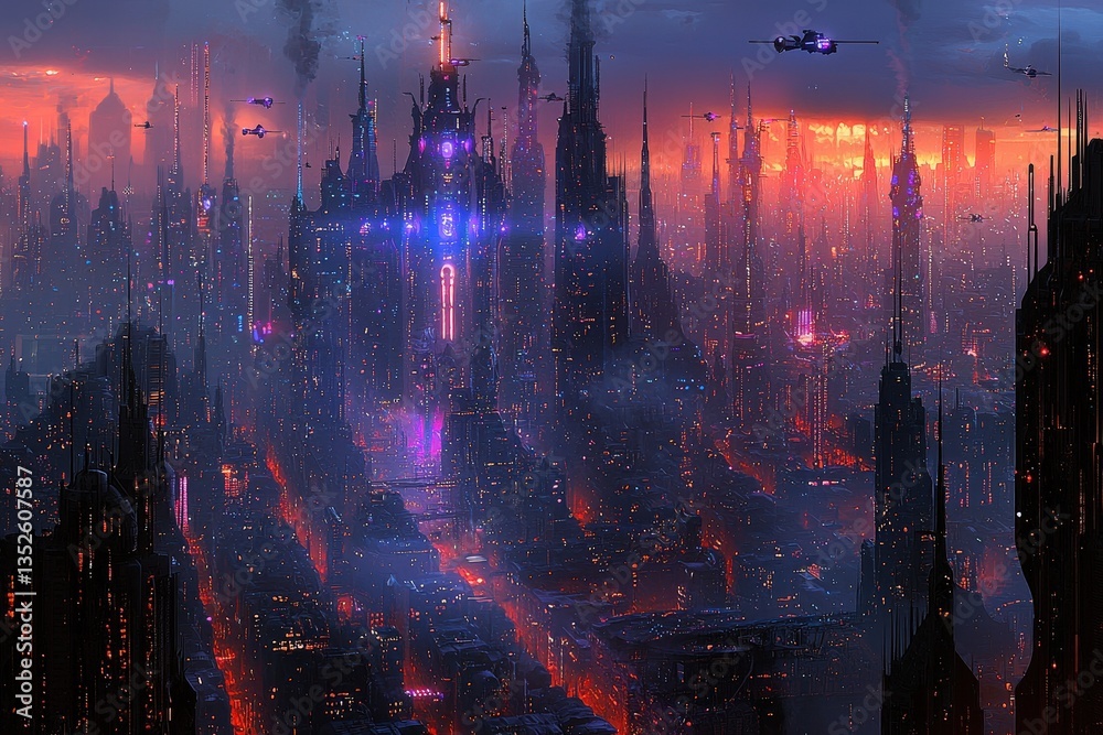 Fototapeta premium A vibrant futuristic cityscape at dusk, featuring towering skyscrapers with neon lights, flying vehicles, and a smoky atmosphere, creating a sense of advanced technology and urban life