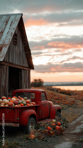 Vintage red pickup truck by a dusty barn, its bed filled with watermelons, a calm lake reflecting the late-summer sunset, radiating timeless country charm. Generative AI