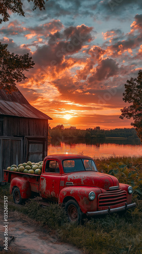 Vintage red pickup truck by a dusty barn, its bed filled with watermelons, a calm lake reflecting the late-summer sunset, radiating timeless country charm. Generative AI