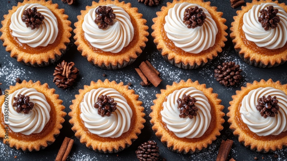 Festive mini tarts with whipped cream and toppings. A collection of small, golden-brown tarts topped with swirls of creamy white icing and decorated with tiny dark chocolate pinecones Festive mini tarts with whipped cream and toppings. A collection of small, golden-brown tarts topped with swirls of creamy white icing and decorated with tiny dark chocolate pinecones