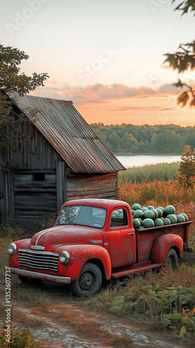 Vintage red pickup truck by a dusty barn, its bed filled with watermelons, a calm lake reflecting the late-summer sunset, radiating timeless country charm. Generative AI
