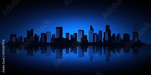 Silhouette of an urban city skyline reflecting on the dark water